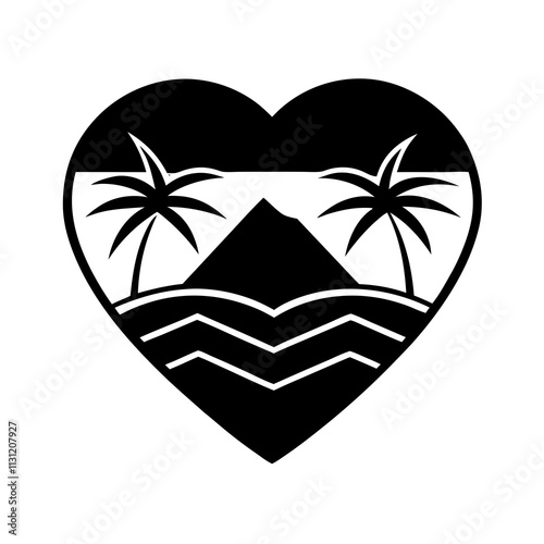 Minimalist Heart Shaped Logo with Palm Tree and Mountain