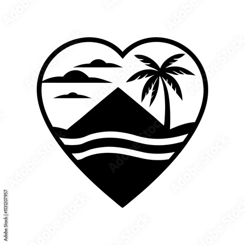 Minimalist Heart Shaped Logo with Palm Tree and Mountain