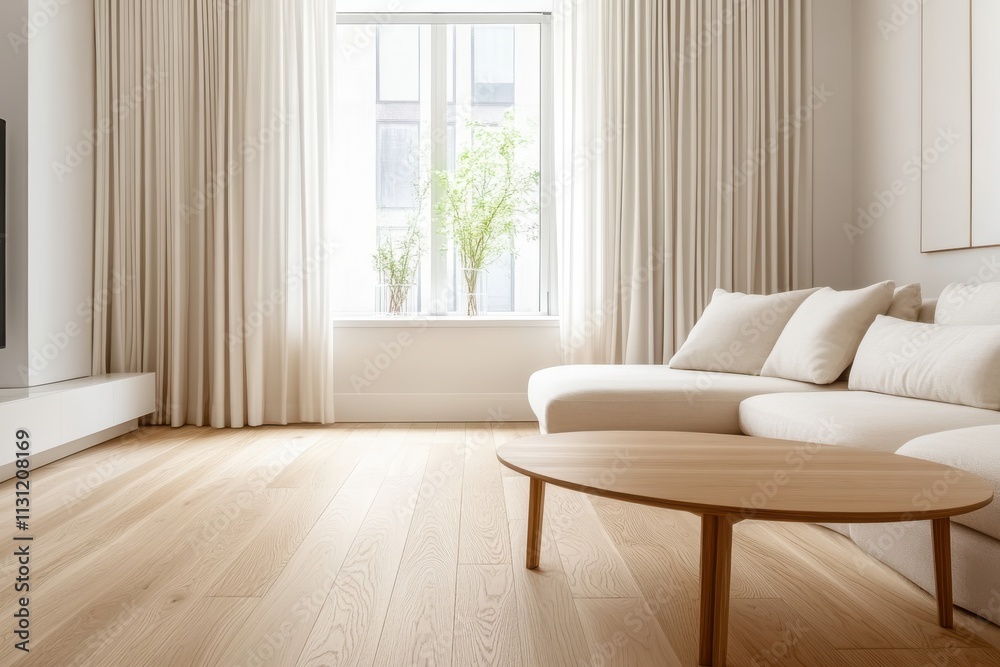 Fototapeta premium A sunny living room is furnished with a comfortable sofa, a wooden coffee table, and elegant curtains, creating a welcoming and serene environment in natural light.
