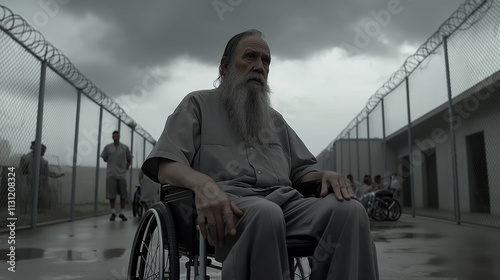 Reflections of an elderly, bearded prisoner in a wheelchair within the prison yard, enclosed by fences and surrounded by fellow inmates