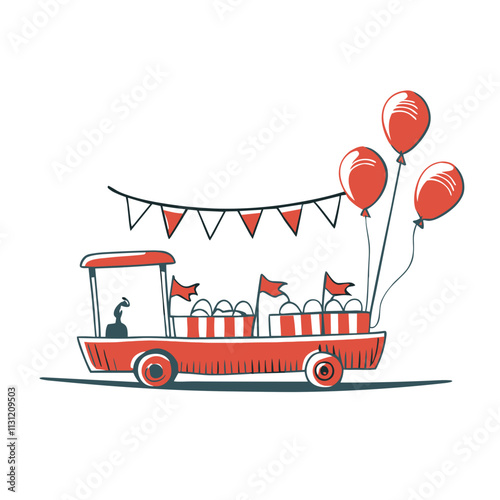 Red parade float with balloons and flags