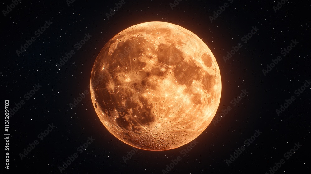 Obraz premium A bright, orange-hued moon shines against a dark starry sky, showcasing its detailed craters and surface textures.