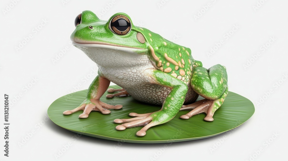 Obraz premium A vibrant green frog rests on a lily pad, showcasing its glossy skin and large eyes, blending beautifully with its natural environment.