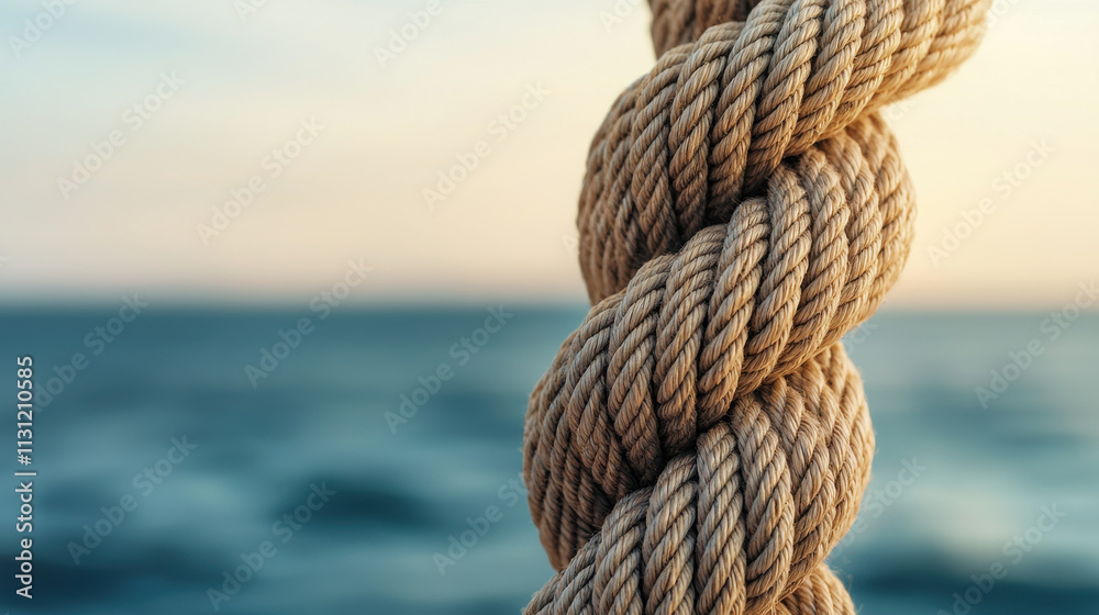 Fototapeta premium tightly wound marine rope with intricate texture against blurred ocean background
