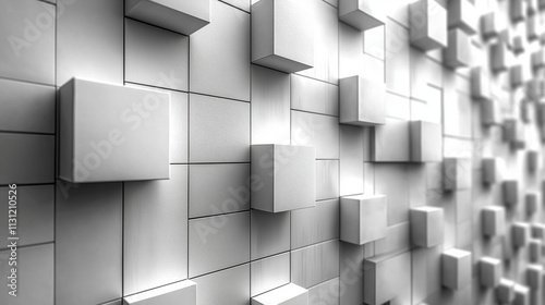 white background with geometric squares and rectangular blocks, forming an abstract pattern, representing digital technology or marketing concepts.