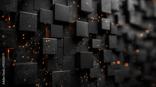 Black background with geometric squares and rectangular blocks, forming an abstract pattern, representing digital technology or marketing concepts.