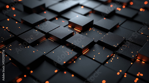 Black background with geometric squares and rectangular blocks, forming an abstract pattern, representing digital technology or marketing concepts.
