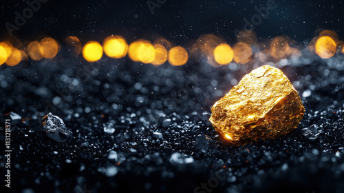 shiny gold nugget rests on dark, sparkling surface, illuminated by soft lights