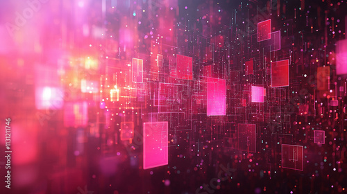 Pink background with geometric squares and rectangular blocks, forming an abstract pattern, representing digital technology or marketing concepts.