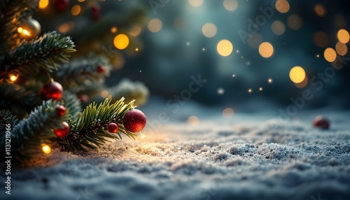 tranquil winter holiday scene showcasing a snow-dusted evergreen branch adorned with glimmering red and gold ornaments