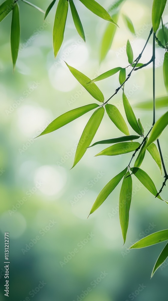 Fototapeta premium An elegant close-up view of bamboo leaves, beautifully contrasted against a softly focused green backdrop, capturing the essence of natural beauty and tranquility in nature.