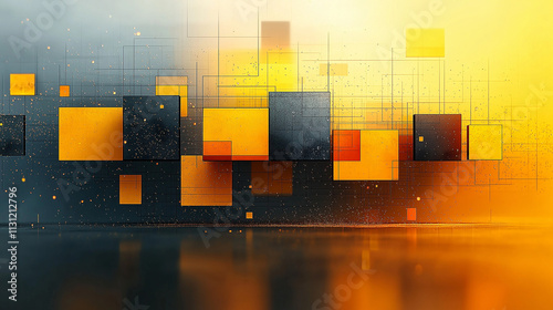 Yellow background with geometric squares and rectangular blocks, forming an abstract pattern, representing digital technology or marketing concepts.