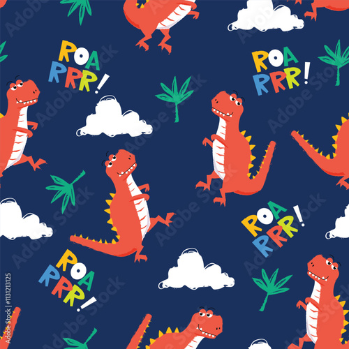 Hand drawn cute dinosaurs childish seamless pattern with cloud, roar lettering and palm tree. Vector illustration.