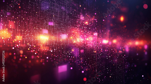Purple background with geometric squares and rectangular blocks, forming an abstract pattern, representing digital technology or marketing concepts.