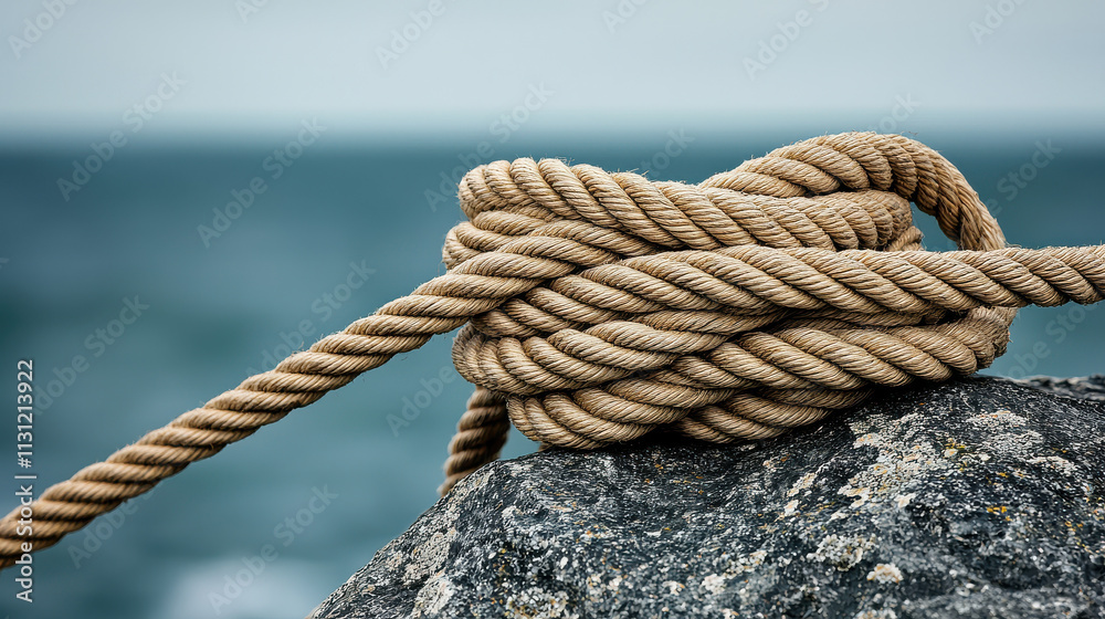 Fototapeta premium thick rope draped over coastal rock with textured surface by sea