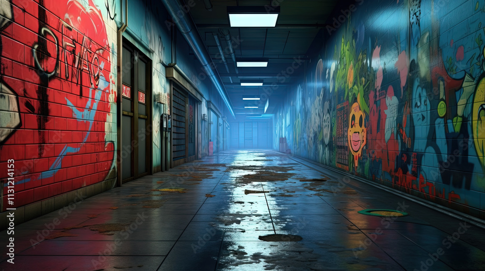 Fototapeta premium Cyberpunk street with glowing neon ads in sci-fi city. Futuristic cyberpunk street in the neighborhood
