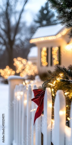 A serene holiday scene showcasing a snow-covered picket fence with string lights and red bows, highlighting the welcoming atmosphere of a Christmas-decorated home. photo