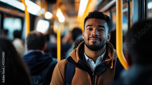 A cheerful young man stands in a crowded bus, wearing a warm jacket, surrounded by other passengers, capturing a candid urban transit moment of everyday life. photo