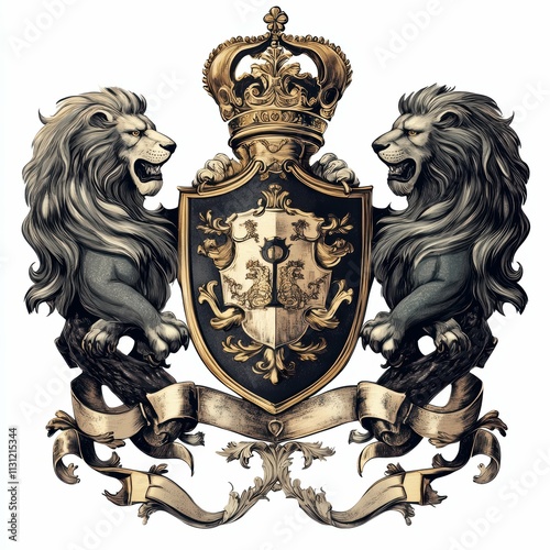 A detailed coat of arms featuring two majestic lions guarding a shield adorned with a crown. This emblematic design symbolizes strength and nobility, perfect for heraldic themes.