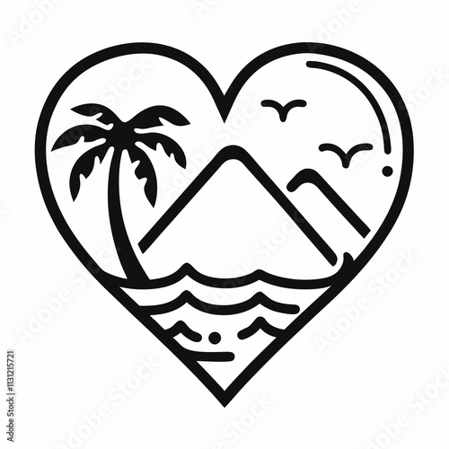 Minimalist Heart Shaped lineart Logo with Palm Tree and Mountain vector illustration.
