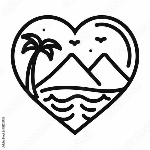 Minimalist Heart Shaped lineart Logo with Palm Tree and Mountain vector illustration.