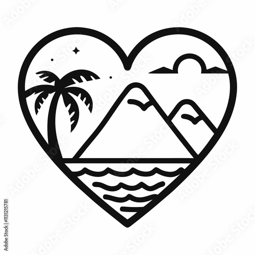 Minimalist Heart Shaped lineart Logo with Palm Tree and Mountain vector illustration.