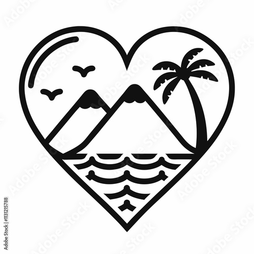 Minimalist Heart Shaped lineart Logo with Palm Tree and Mountain vector illustration.