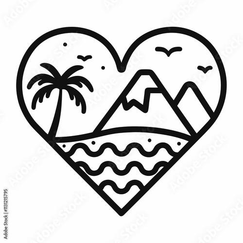 Minimalist Heart Shaped lineart Logo with Palm Tree and Mountain vector illustration.