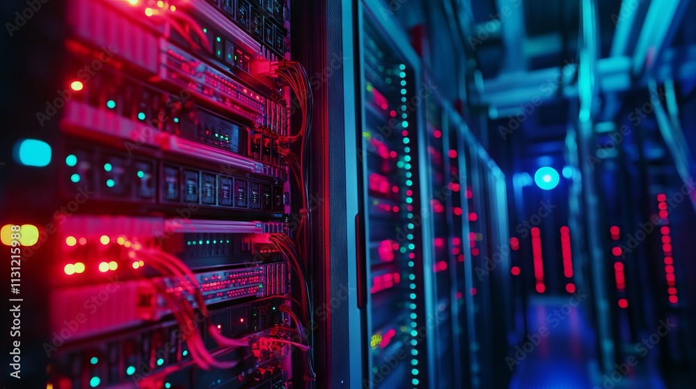 Fototapeta premium LED-Lit Network Servers Arranged in a Data Center