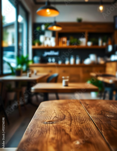 Empty wooden tabletop with a background of cozy coffee shop 