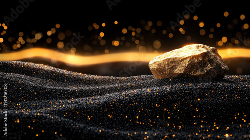 golden rock on black sand with sparkling particles in background