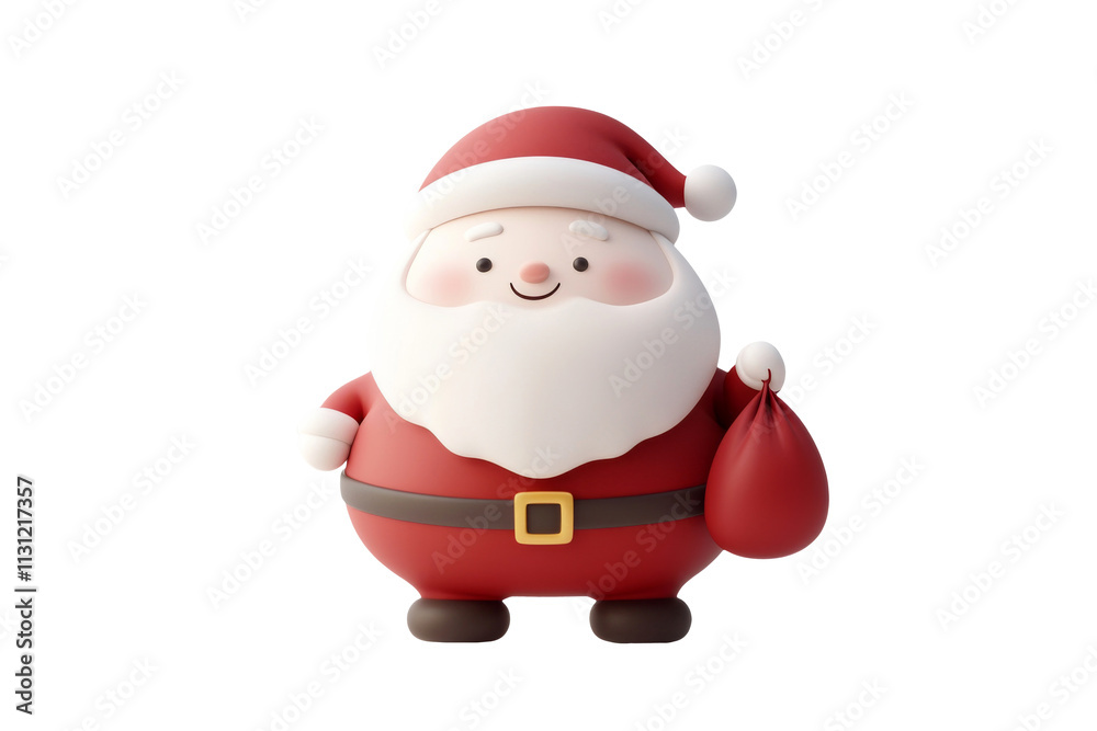 Obraz premium 3D cartoon adorable Santa Claus character holding gift sack, red suit, and fluffy beard isolated on transparent png background.