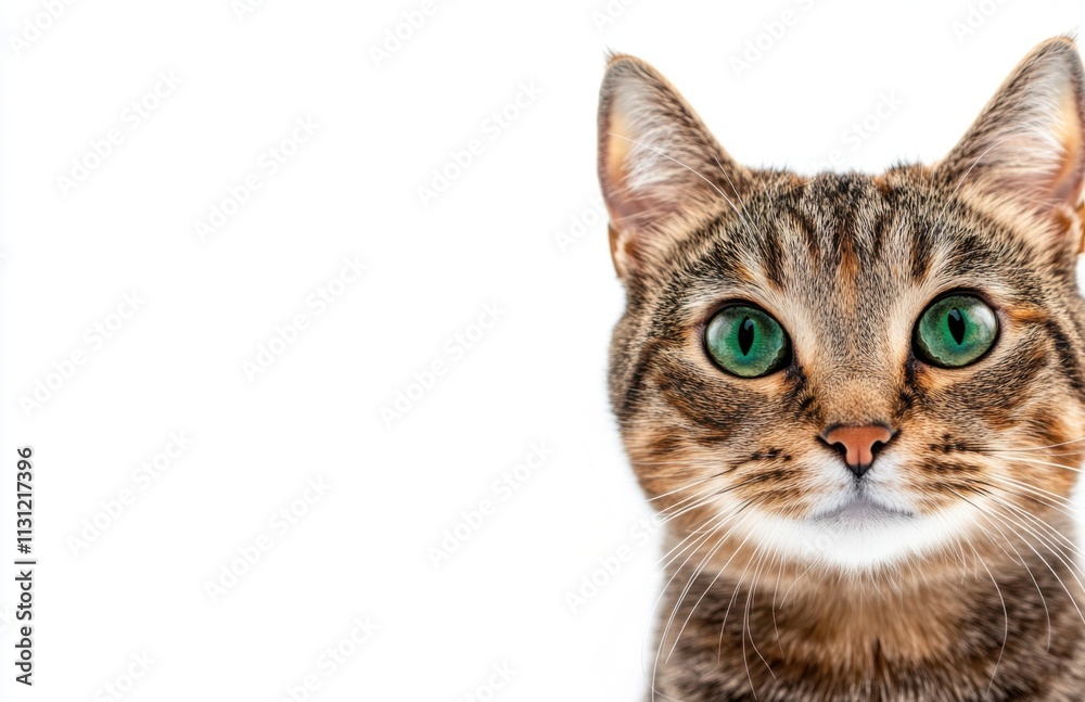 Fototapeta premium Close-up portrait of a cute, funny cat isolated on a white background with copy space, suitable for a banner design. The cat has green eyes and brown fur.