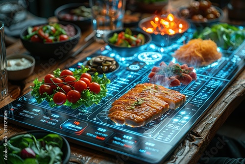 Futuristic dining experience with a digital display table. photo