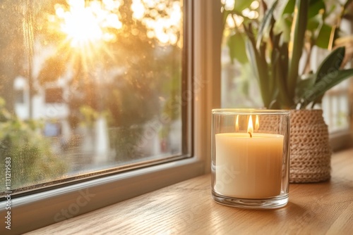Cozy afternoon light illuminating a candle and a plant on a windowsill