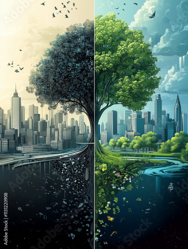 Split image of a healthy green natural world and an exploited industrial. A forest full of garbage and plastic waste is a broad flag for environmental and recycling concept. Ecology problems