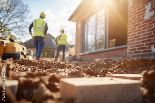 A construction site, initial stages of building a foundation for a house extension. In the frame, a crew in protective equipment, laying foundation blocks. 