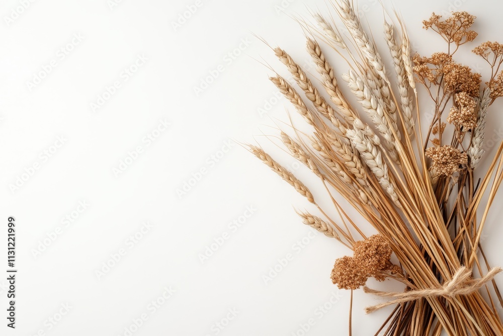 Fototapeta premium Dried wheat and herbs bouquet arrangement on a neutral background for rustic decor