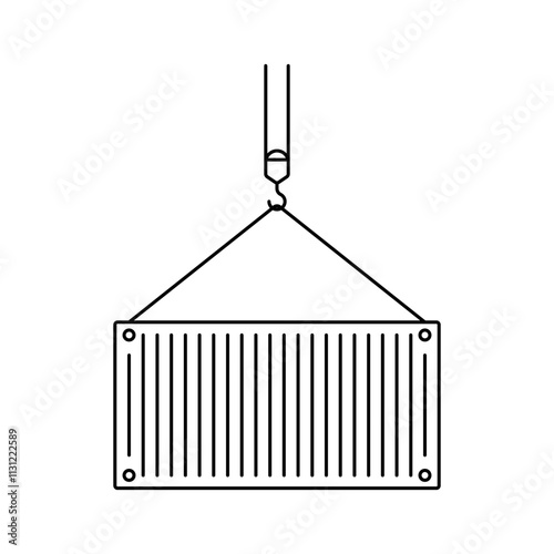 Cargo container and crane icon. Black outline linear silhouette. Editable strokes. Front side view. Vector simple flat graphic illustration. Isolated object on white background. Isolate.