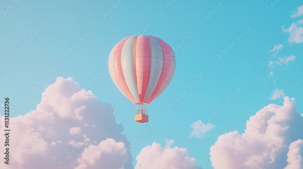 Fototapeta premium colorful hot air balloon floating against bright blue sky with fluffy clouds creates serene and joyful atmosphere