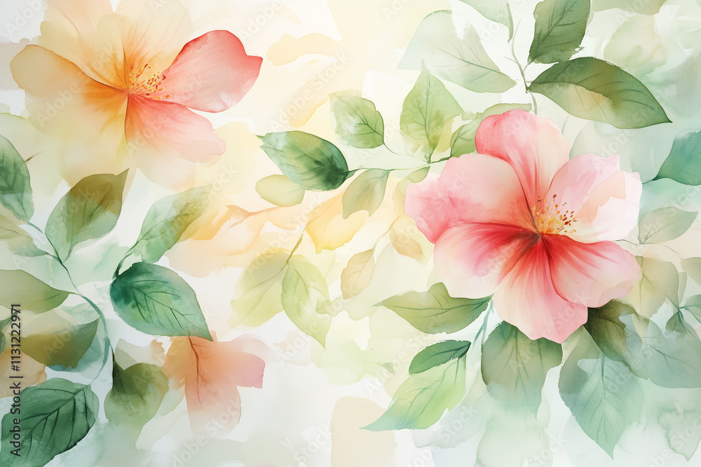 Obraz premium Delicate watercolor flowers with soft hues of pink and orange gently blend with green leaves in a serene botanical composition