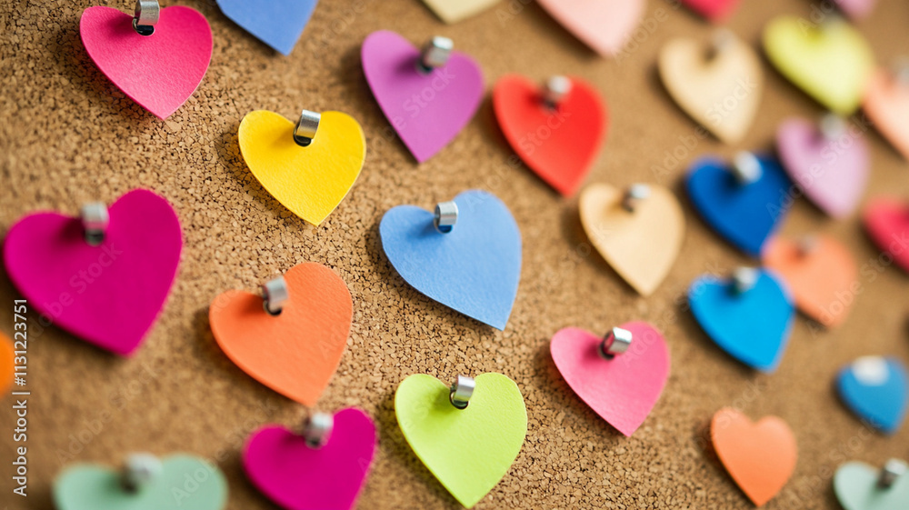 Obraz premium Colorful love notes pinned on corkboard create vibrant display of affection and creativity. Each heart shaped note adds unique touch to overall composition