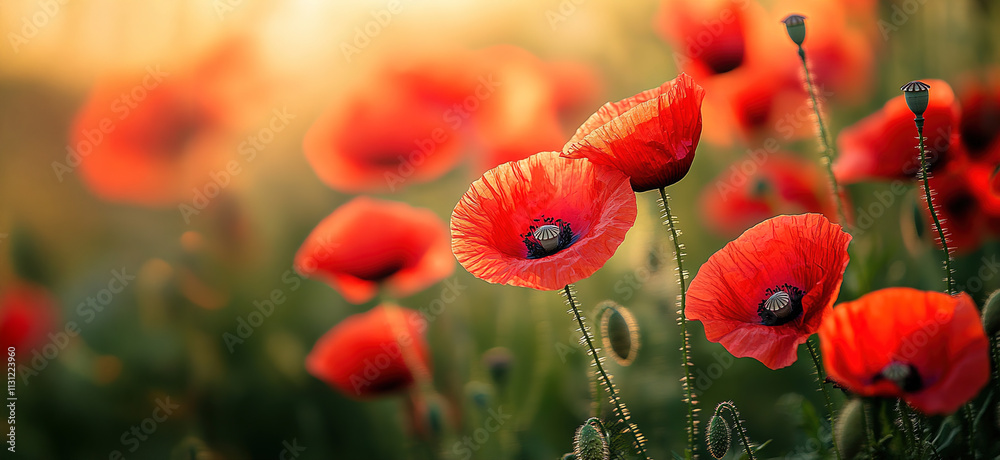 Fototapeta premium Vibrant Red Poppies Blooming in a Sunlit Field with Soft Background Light Creating a Serene and Peaceful Atmosphere in Nature