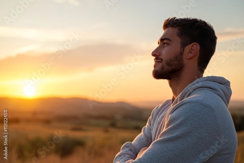 Man enjoying a serene sunset while looking into the distance on a peaceful landscape