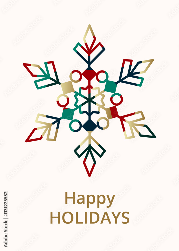Obraz premium Christmas greeting card with multicolored mosaic snow crystal on white background. Flat vector illustration. Template for poster, cover, label, invitation, flier, brochure.