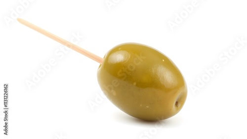 A glistening green olive with a toothpick, isolated on a white background, full depth of field. photo
