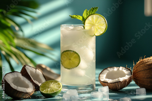  A glass of refreshing coconut water with a slice of lime and a sprig of mint, served with ice cubes. Captured from an eye-level view with bright natural lighting to emphasize the freshness.