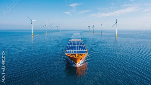solar powered ship glides through calm waters, surrounded by wind turbines. This innovative vessel represents sustainable energy and eco friendly technology in action photo