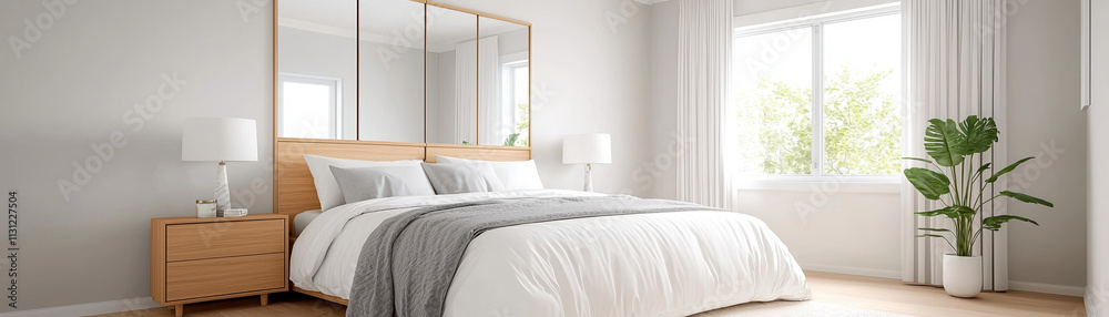 Fototapeta premium modern bedroom featuring wooden bed frame, large mirror, and natural light. decor includes bedside table, lamps, and potted plant, creating serene atmosphere