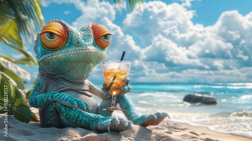 Relaxed chameleon on the beach, sipping a cocktail, blending into the vibrant vacation scene with sunny skies and gentle waves.